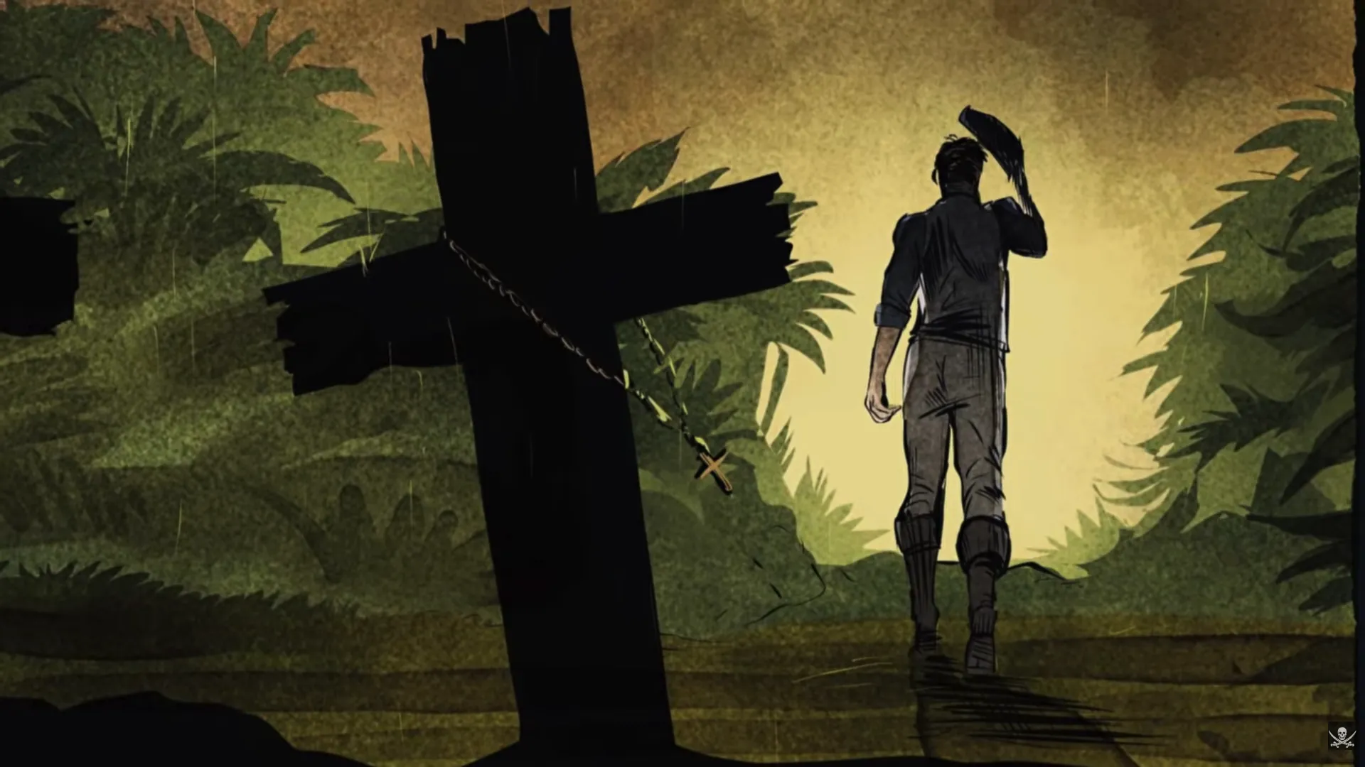 A lone figure in 18th-century clothing walks away from camera into a golden-lit jungle clearing, hat held at his side, beside a large rough-hewn wooden grave cross hung with a gold rosary. Rain streaks the amber sky. Atmospheric, contemplative comic art from Daughter's Revenge by Erik Hodson.