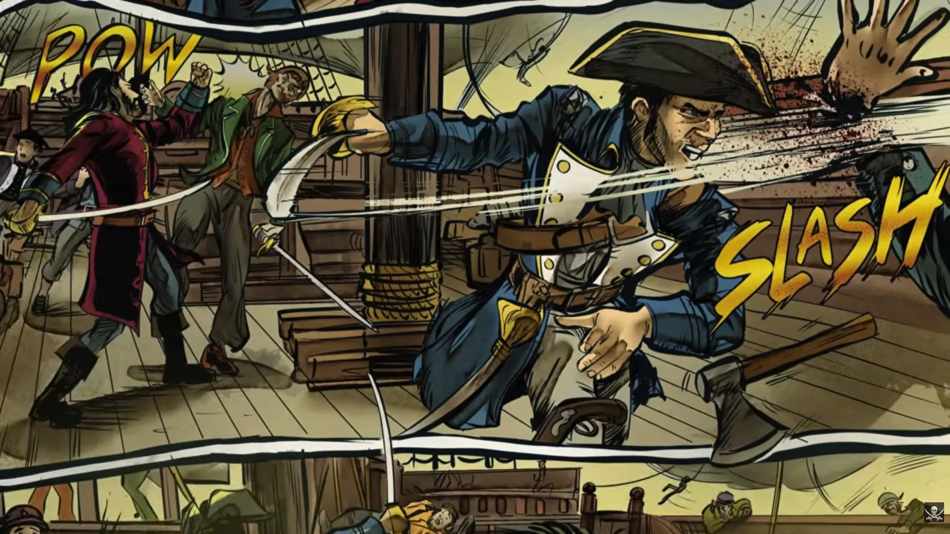 Shipboard brawl comic panel: a naval officer in blue coat lunges and slashes forward as POW and SLASH sound effects burst across the frame. Pirates and soldiers clash behind him on a wooden deck in a full-color action sequence from Daughter's Revenge by Erik Hodson.