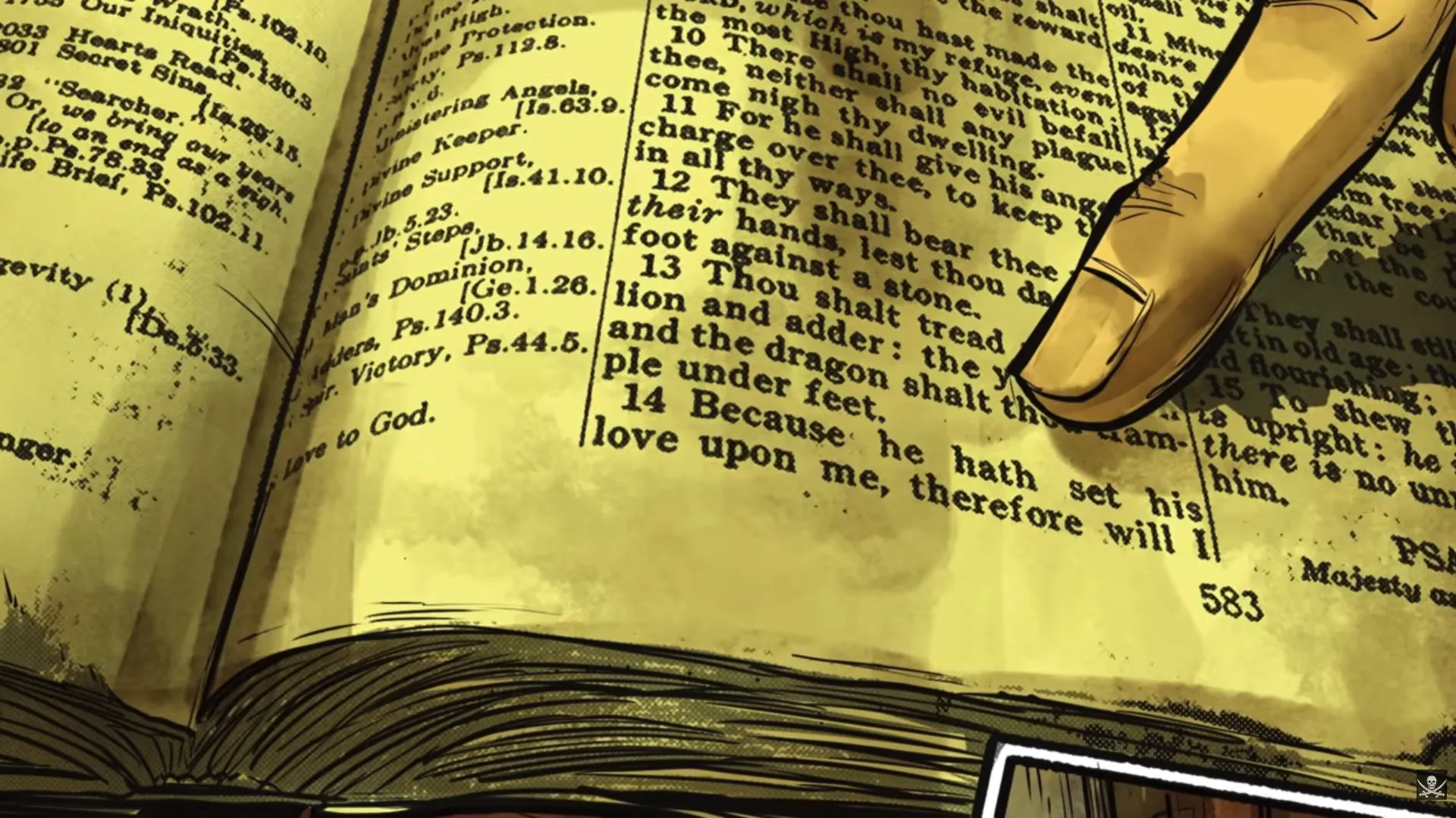 Extreme close-up of an open Bible, pages yellowed, a finger tracing Psalm verses including 'Because he hath set his love upon me, therefore will I...' Golden candlelit light. A quiet, reverent moment of faith amid violence in Daughter's Revenge by Erik Hodson.