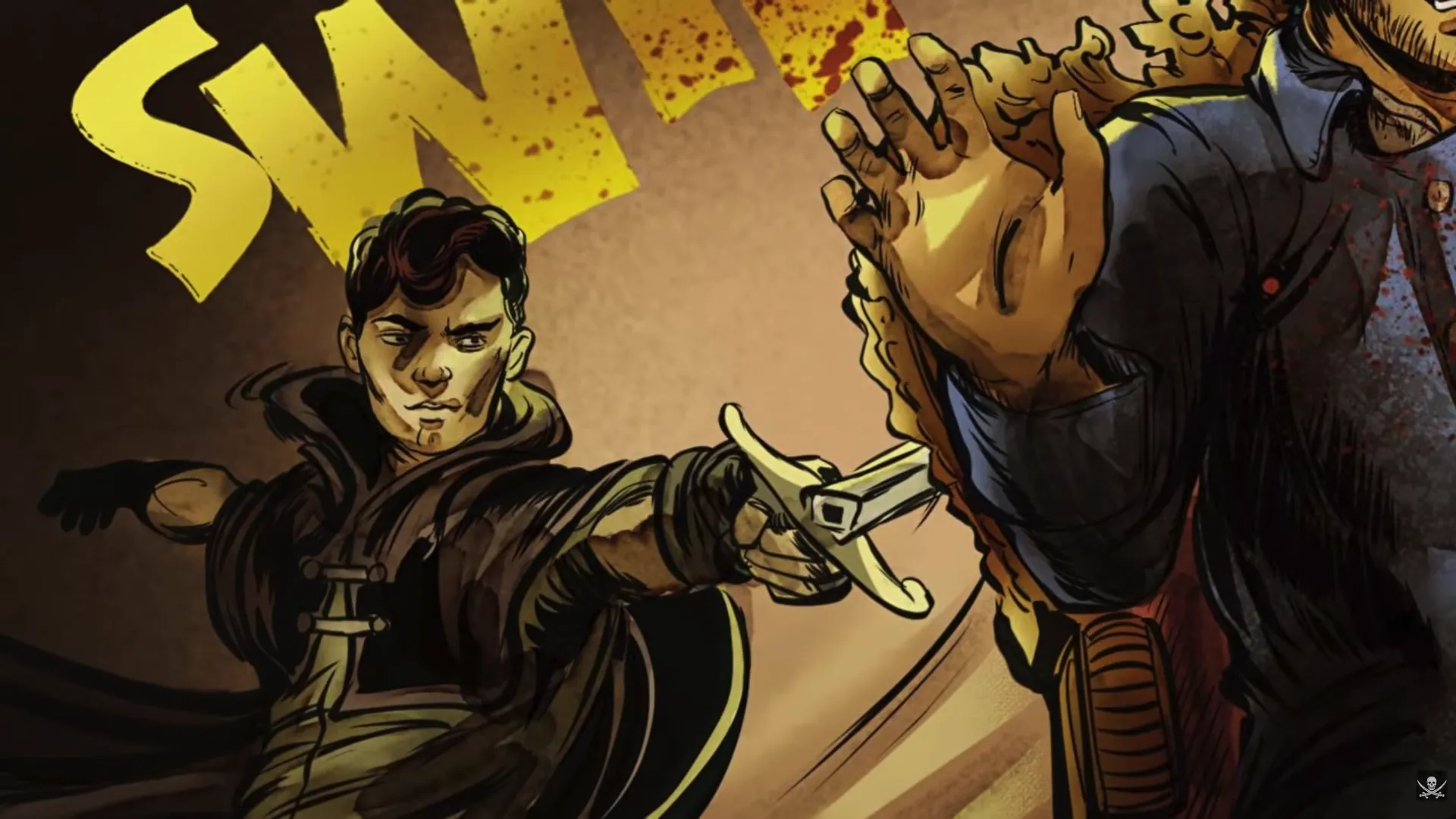 A young dark-haired man in a hooded cloak thrusts a flintlock pistol point-blank at a larger figure reeling backward, blood spattering, as a massive yellow sound effect erupts across the frame. Close-quarters combat from Daughter's Revenge by Erik Hodson.