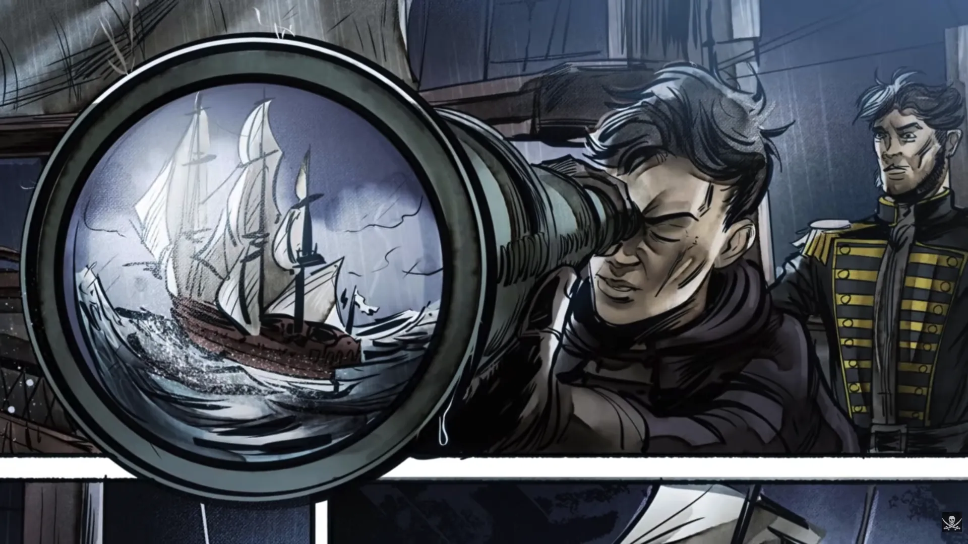 A man presses a brass telescope to his eye on a rain-lashed ship's deck; inside the circular lens a full-rigged sailing ship battles heavy seas. A second officer in a gold-epauletted coat watches beside him. Blue-gray storm palette. Daughter's Revenge interior art by Erik Hodson.