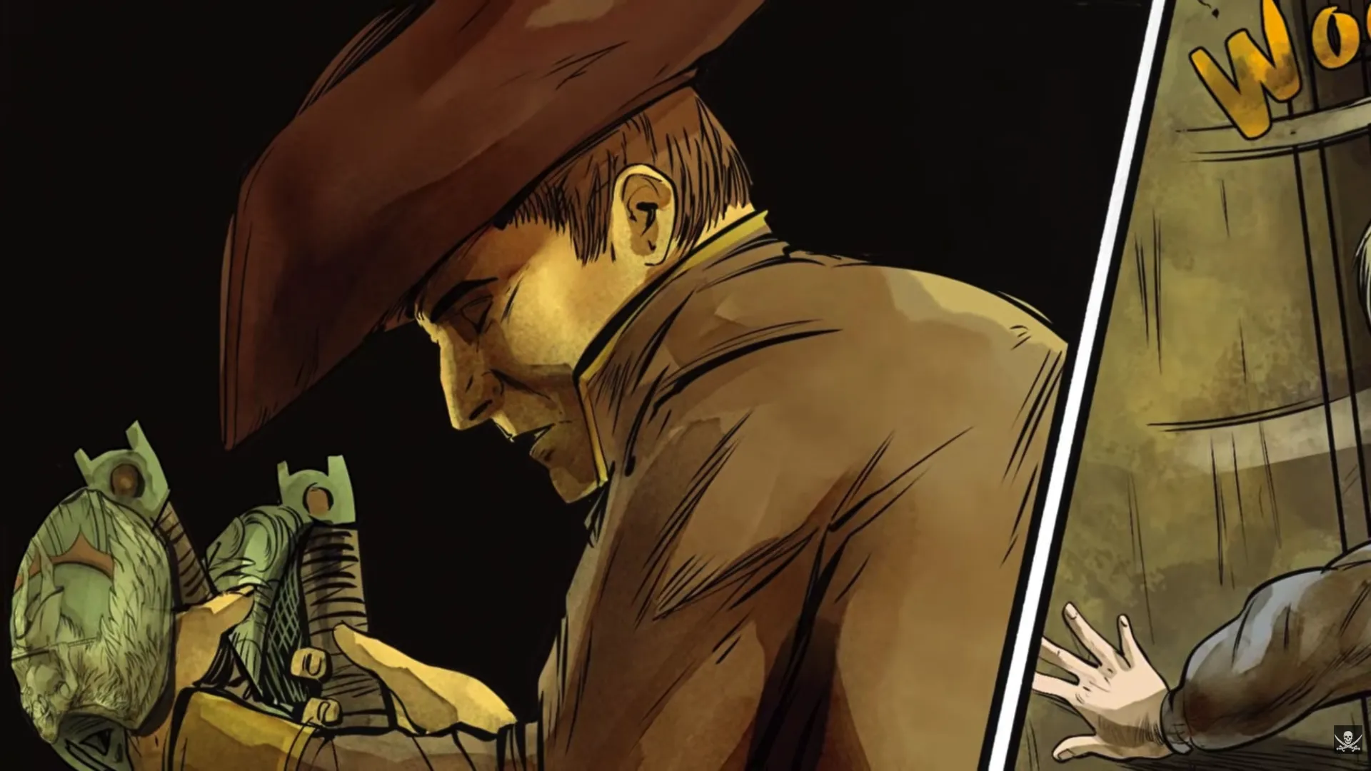 Profile close-up of a weathered man in a wide-brimmed hat bent over two antique flintlock pistols he examines in his hands, expression grim and focused. Warm amber and deep brown tones. A pivotal character moment from Daughter's Revenge by Erik Hodson.