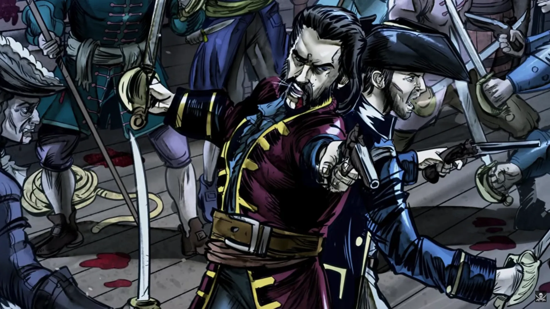A bearded pirate captain in a deep crimson and navy coat stands defiant amid shipboard melee, sword extended, encircled by armed soldiers with bayonets and blades. Blood pools on the wooden deck below. Bold full-color confrontation art from Daughter's Revenge by Erik Hodson.