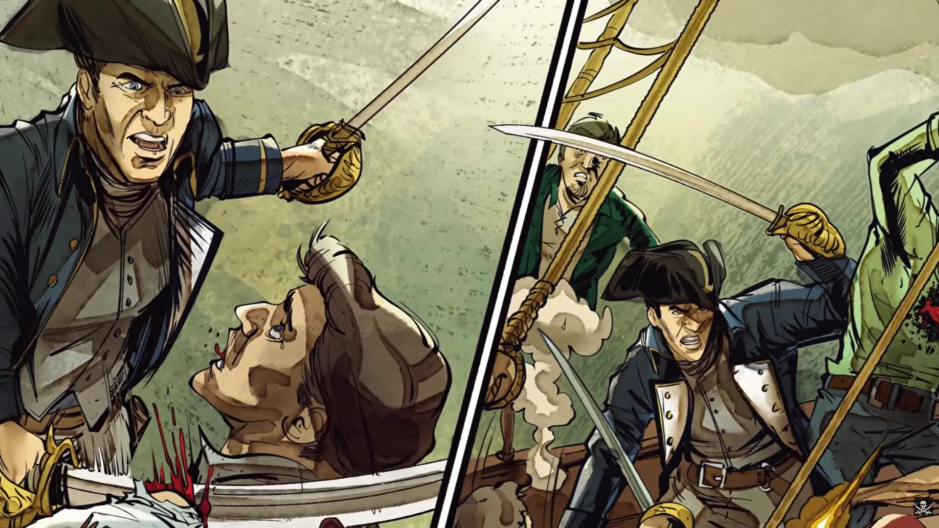Split-panel naval close combat: left panel shows a naval officer forcing a bloodied enemy down at point-blank range; right panel erupts into a chaotic deck fight with multiple figures clashing with swords amid rigging and rope. Green storm sky above. Daughter's Revenge by Erik Hodson.
