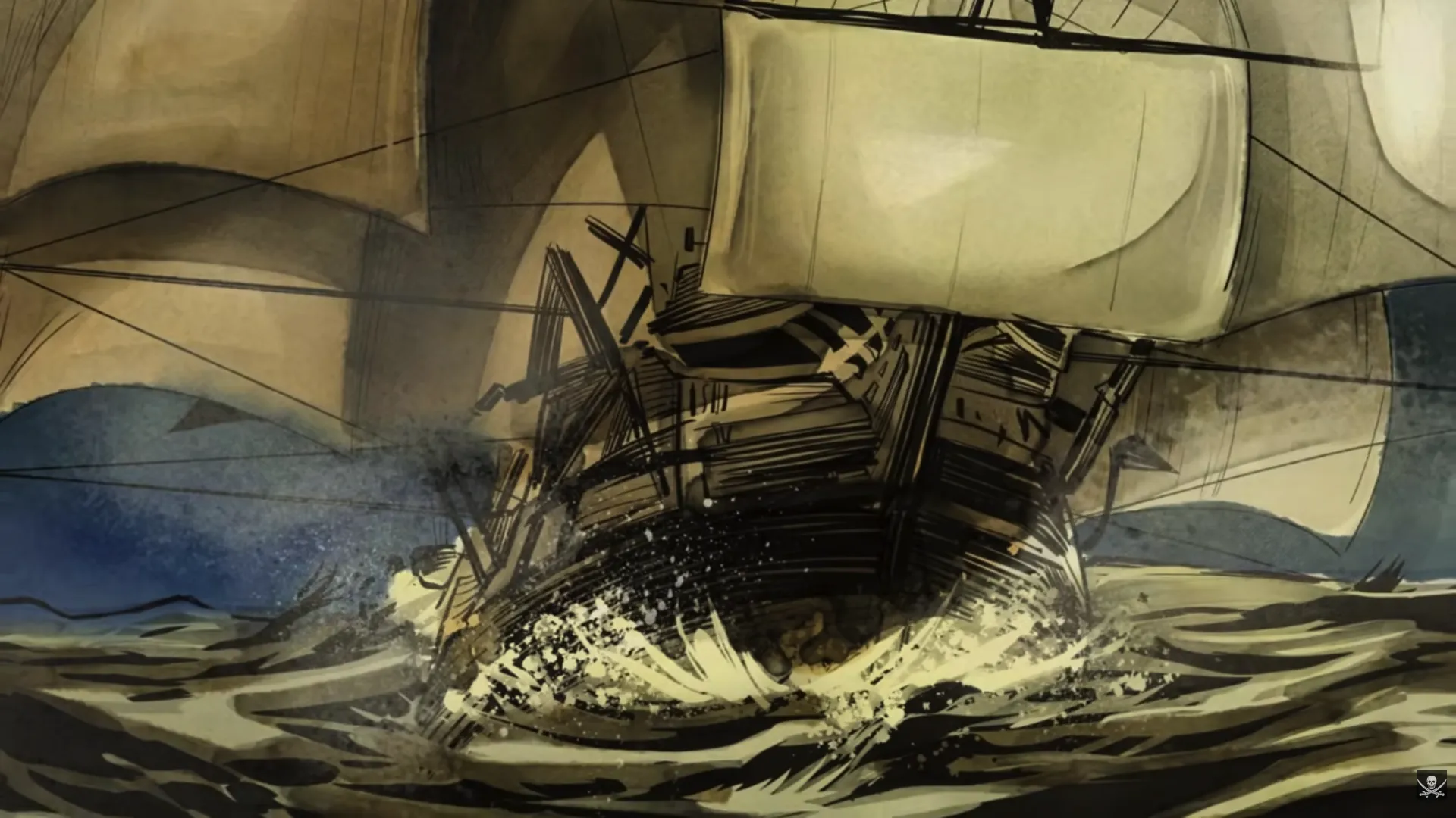 A dramatic full-bleed illustration of an 18th-century sailing ship's bow crashing through rough open seas, full sails billowing and masts straining against a pale sky. Loose expressive ink-wash style in sepia and blue. Daughter's Revenge by Erik Hodson.