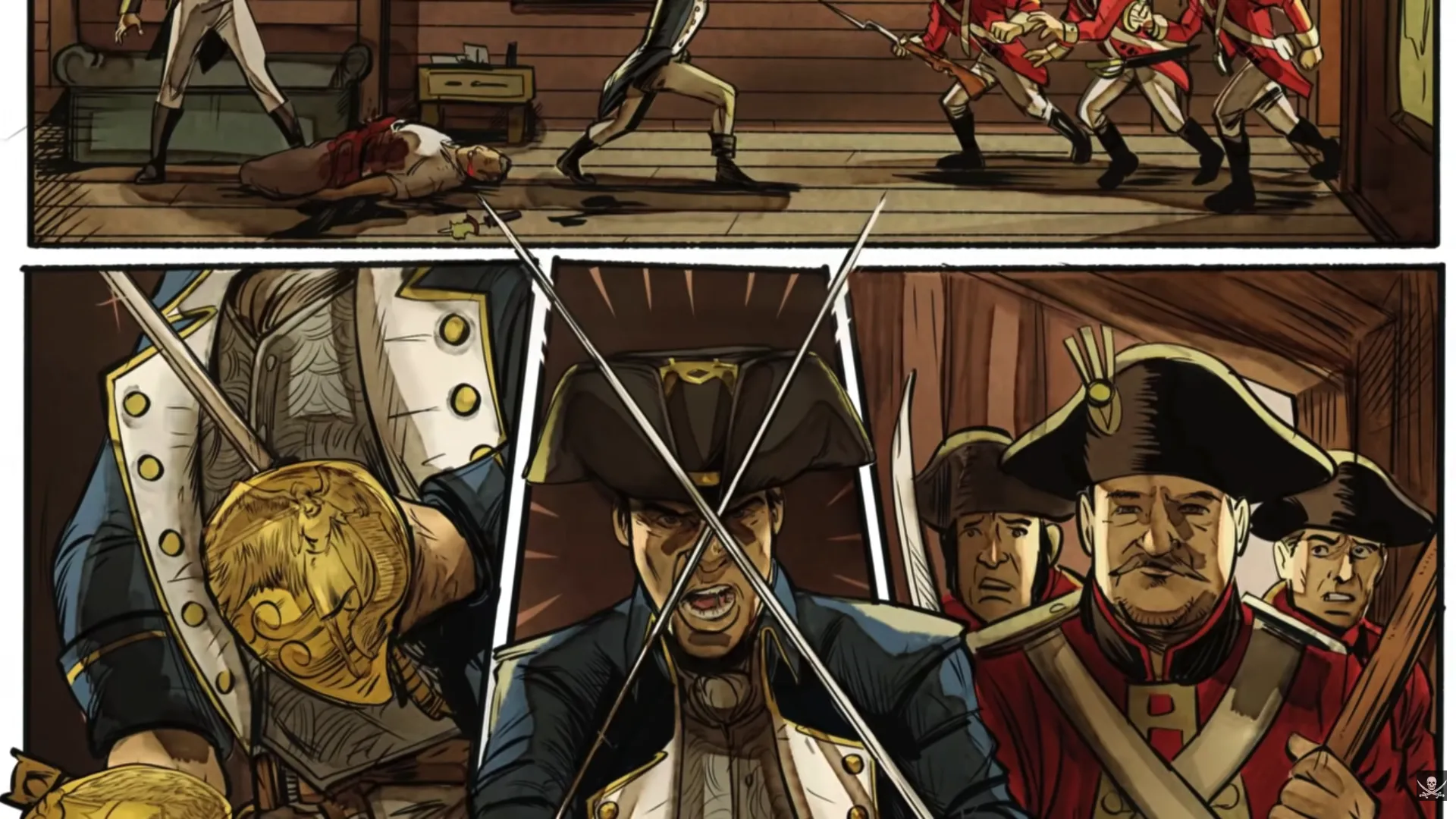 Multi-panel interior page: top strip shows a skirmish inside a wooden building with British redcoat soldiers; bottom panels depict a naval officer confronted at crossed-sword point, followed by redcoats presenting arms in formal salute. Historically detailed uniforms throughout. Daughter's Revenge by Erik Hodson.