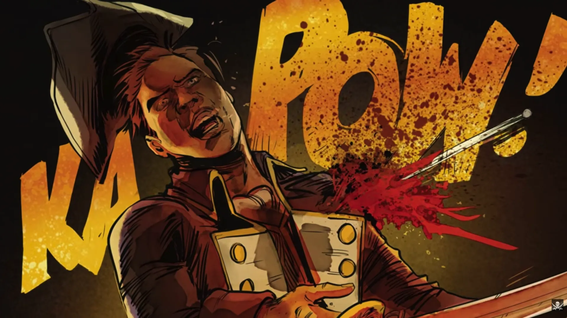 Close-up impact panel: a man in a tricorn hat recoils as a sword pierces his torso, blood bursting red, while massive KA-POW! sound effects blaze in textured gold-orange letters against a near-black background. Peak violence rendered in high contrast. Daughter's Revenge by Erik Hodson.