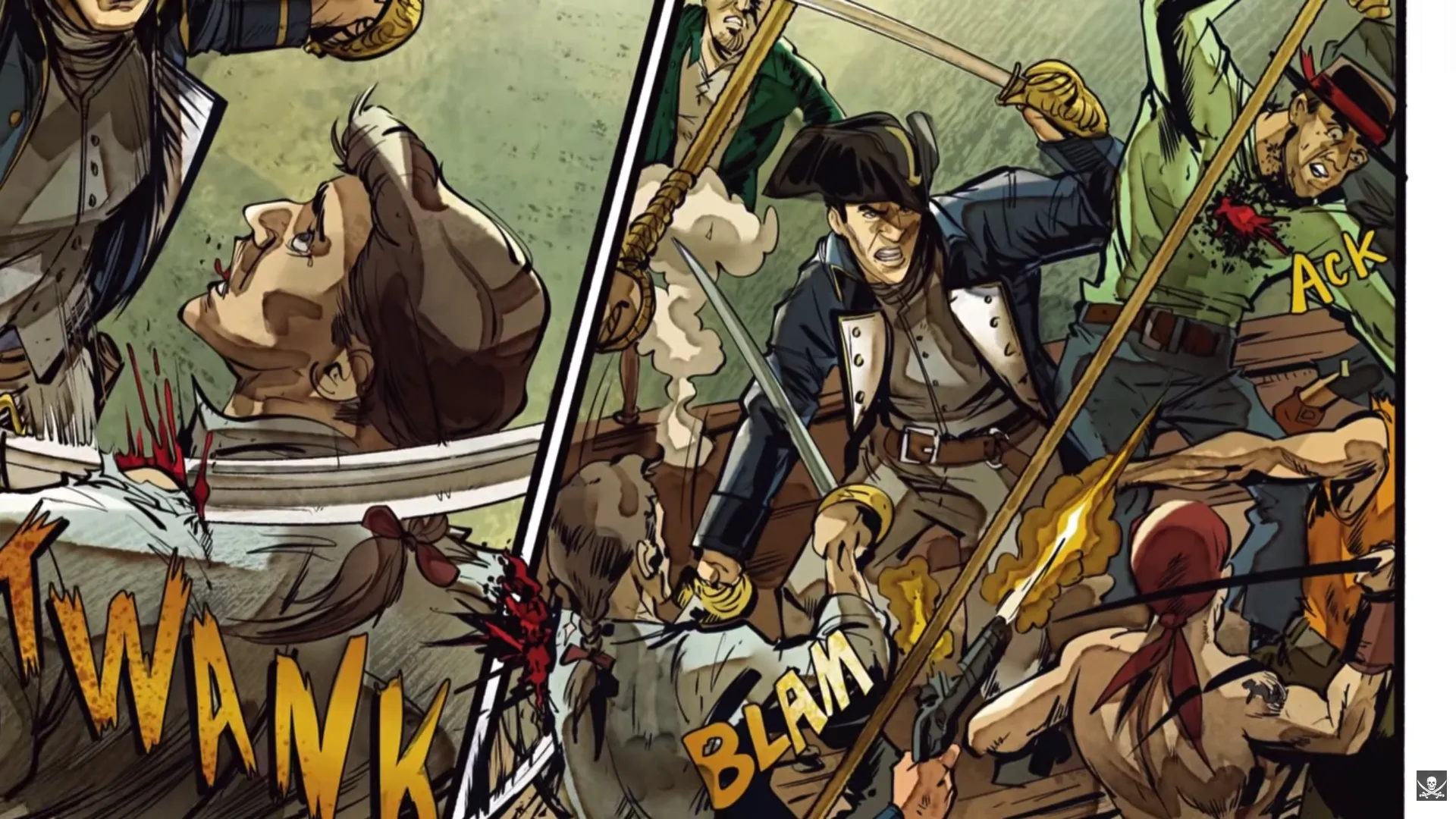 Dual boarding-action panels: left shows a figure struck with a TWANK blow amid blood spatter; right captures a naval officer fighting through opponents with BLAM and ACK sound effects, pistol fire and smoke filling the frame. Daughter's Revenge by Erik Hodson.