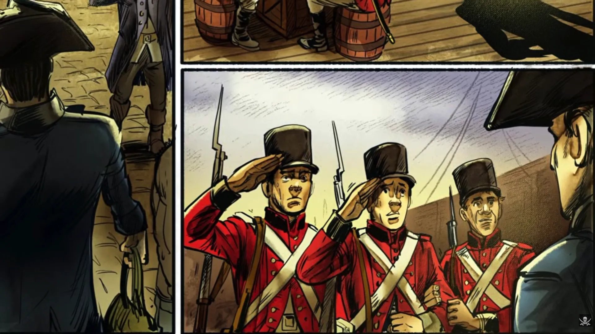 Two-panel page: narrow top strip shows soldiers moving past barrels on a dock; main lower panel features three British redcoat soldiers in black shakos presenting arms in formal military salute before a naval officer aboard ship. Precise historical uniform detail. Daughter's Revenge by Erik Hodson.