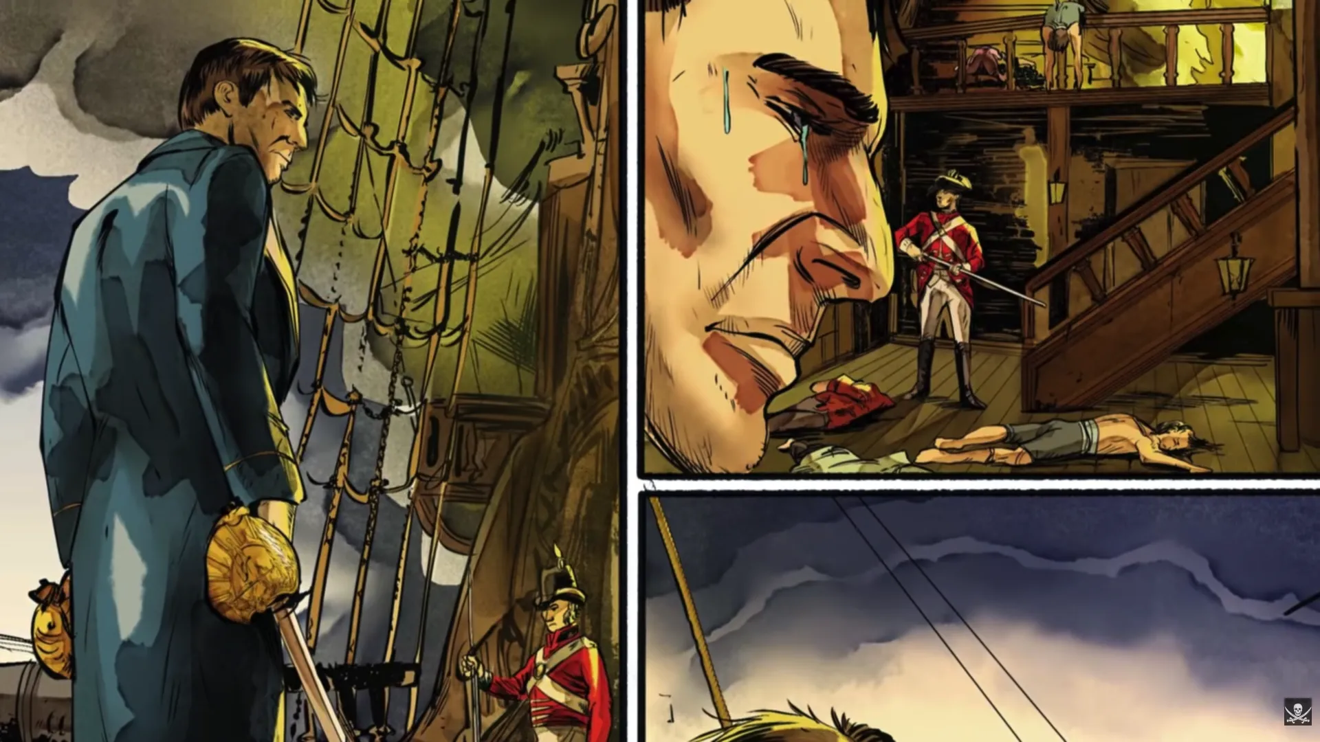Three-panel layout: large left panel shows a tall cloaked figure on deck as a British soldier guards below; top-right close-up of a man weeping while a soldier stands over a fallen body; bottom-right glimpses storm rigging against a dark sky. Tense, emotional storytelling from Daughter's Revenge by Erik Hodson.
