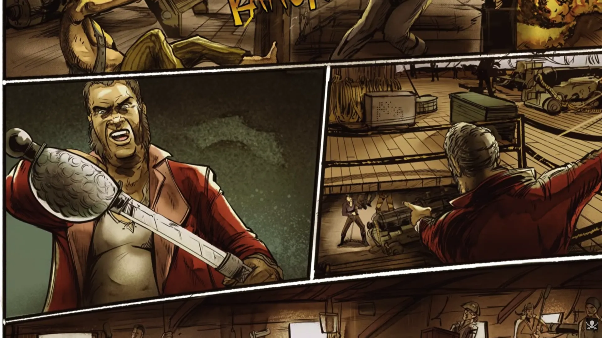 Three horizontal panels: top strip shows a brawl mid-impact; large center panel features a powerful shirtless man in a red coat roaring as he swings an enormous ornate mace; right panel shows a figure aiming a flintlock pistol across an open ship deck at distant figures. Daughter's Revenge by Erik Hodson.