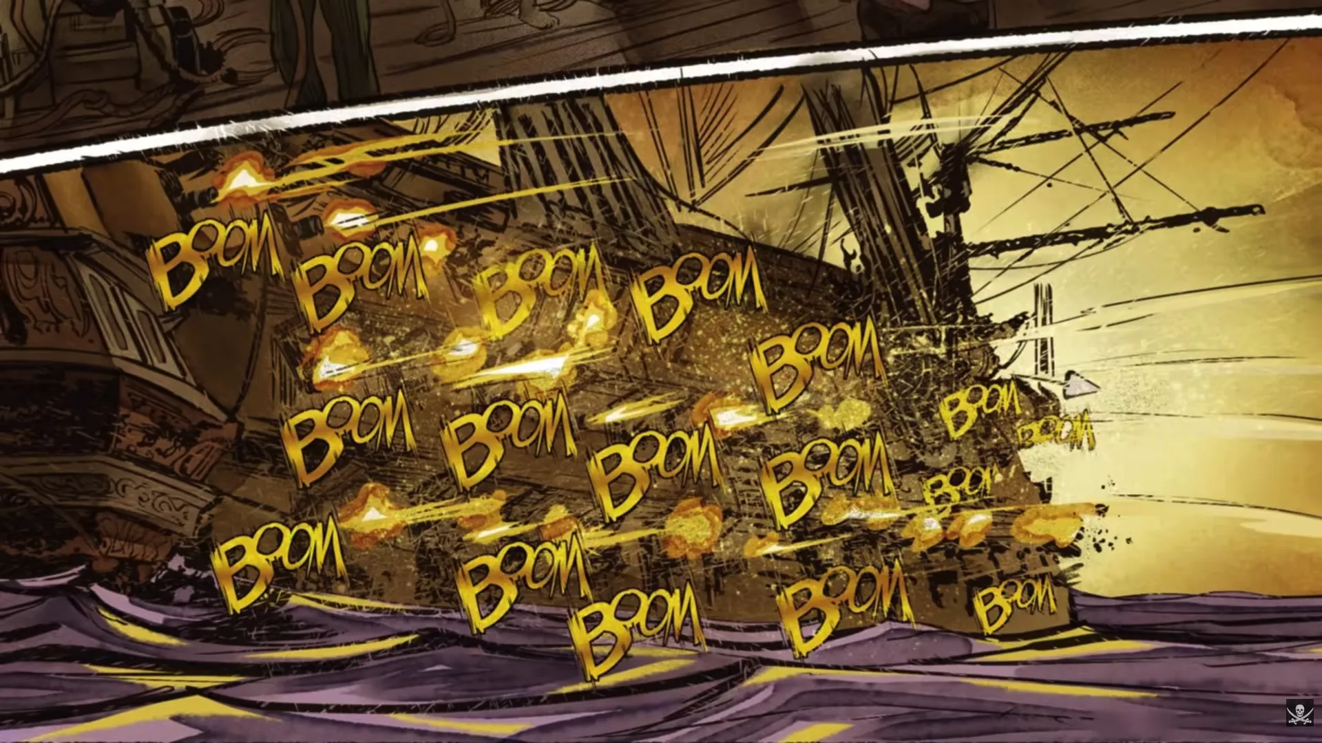 A warship under full sail engulfed in cascading broadside cannon fire, BOOM! repeated in massive golden letters across a smoke-filled violet-gold sky. Cannon muzzle flashes and splintering wood fill the frame in a kinetic explosion of sound and fury. Daughter's Revenge by Erik Hodson.