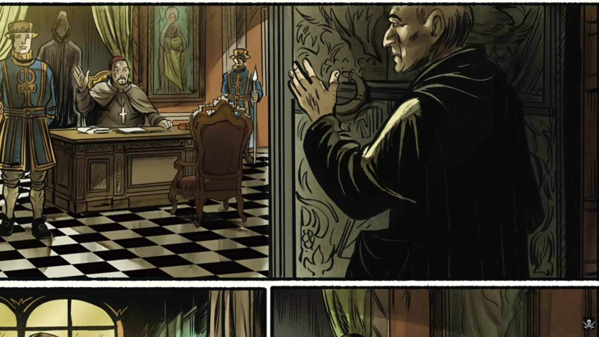 Four-panel full-width page: top-left shows a robed cleric gesturing across an ornate desk to armored guards in a room with checkerboard marble floor and religious portraits on the wall; top-right is a close-up of a black-robed monk with hands raised in prayer beside carved stone relief; two bottom panels depict candlelit interior scenes with arched windows and partially visible figures. A scene of ecclesiastical power and intrigue from Daughter's Revenge by Erik Hodson.